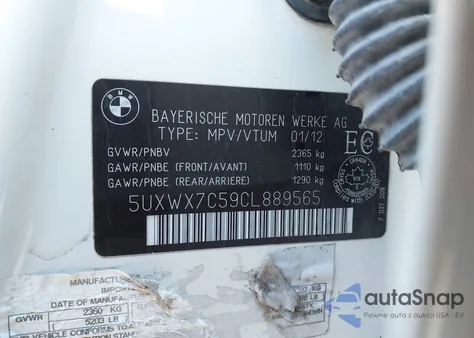 2012 BMW X3 xDrive35I z USA, uszkodzony, nr VIN 5UXWX7C59CL889565